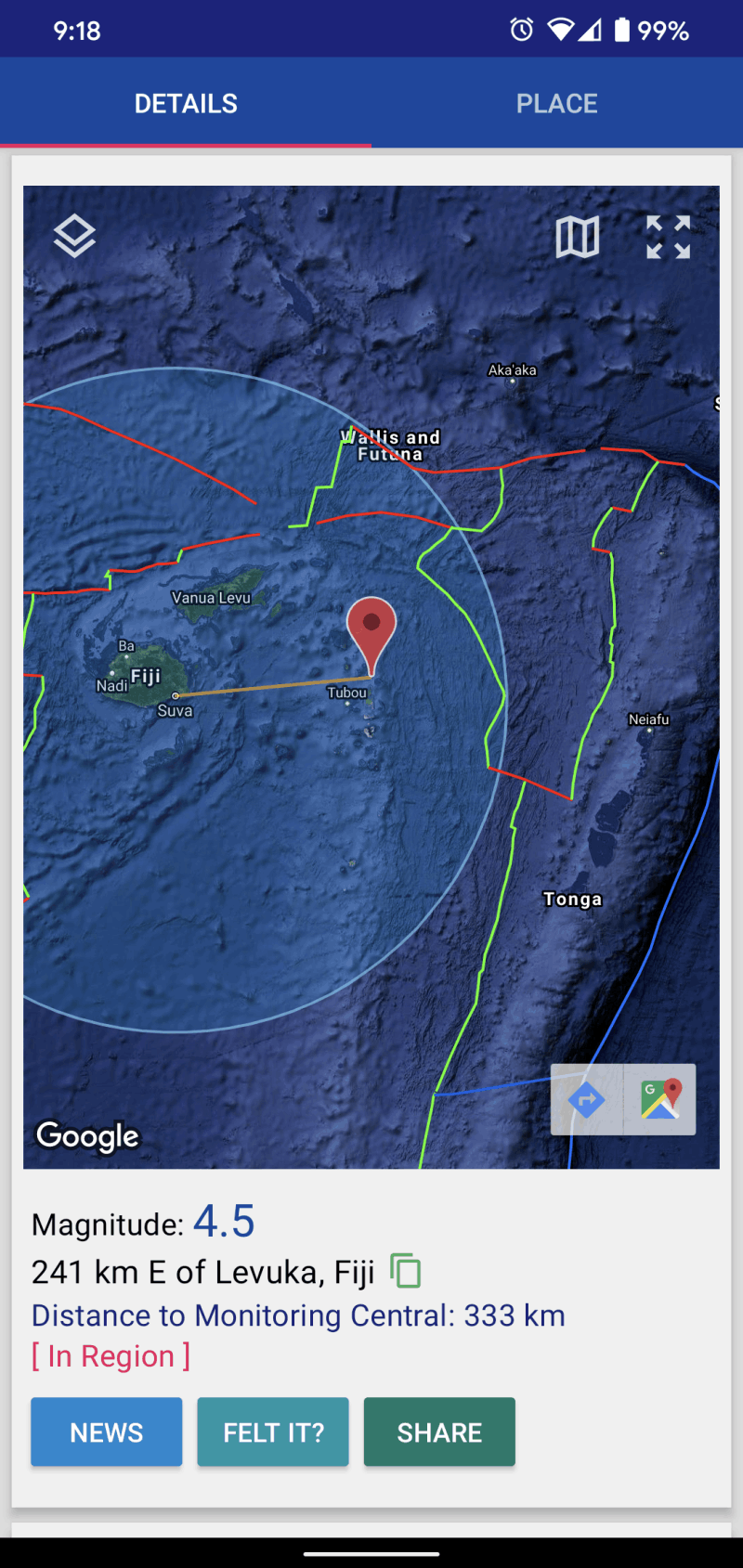 Earthquake tracker app